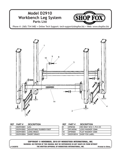 Parts for D2910 Super Heavy-Duty Workbench Leg System - Grizzly
