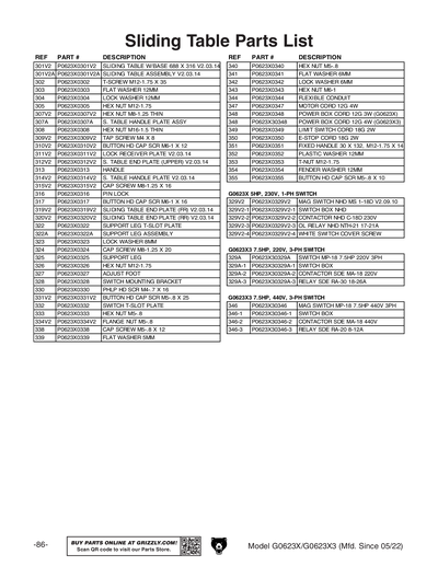 Part Diagram for G0623X