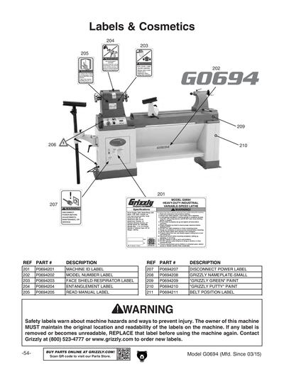 Parts for G0694 20