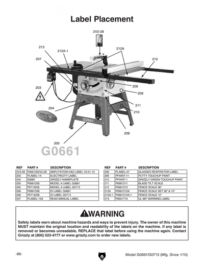 Parts for G0713 10