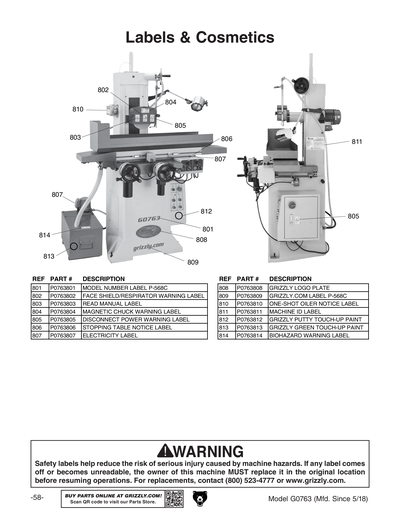 Parts for G0763 6