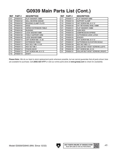 Parts for G0939 13