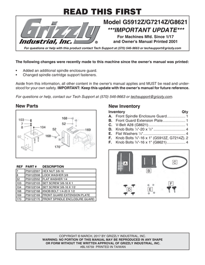 オーダーページ Parts for G7214Z 7-1/2 HP 3-Phase Spindle Shaper - Grizzly