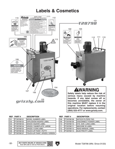 Parts for T28798 1-1/2 HP Metal Dust Collector - Grizzly