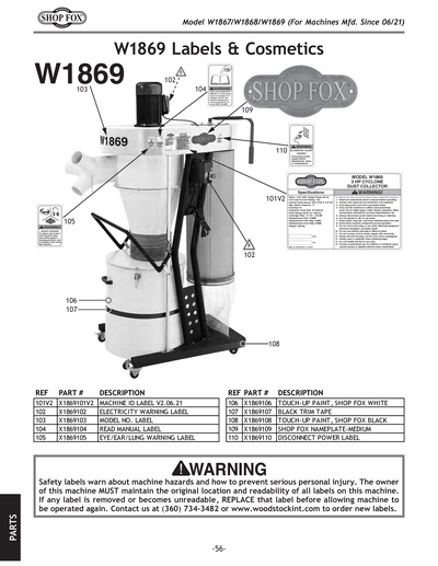 Parts for 1-1/2 HP Portable Cyclone Dust Collector - Grizzly