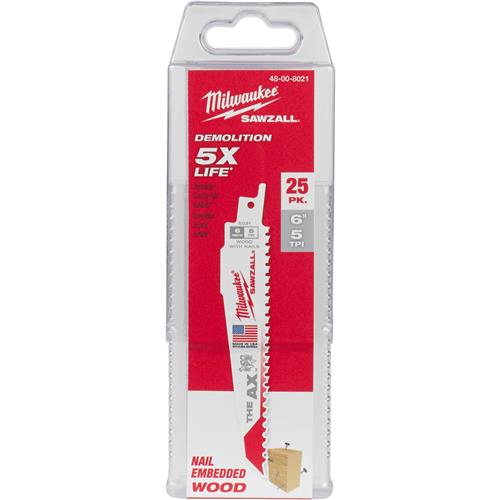 Image for Milwaukee T31026 - SAWZALL AX 6" 5 TPI Nail Embedded Wood Blade, 25 pk.