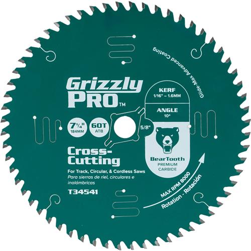 Image for Grizzly PRO T34541 - 7-1/4" x 5/8" 60T ATB Thin Kerf Crosscut Saw Blade