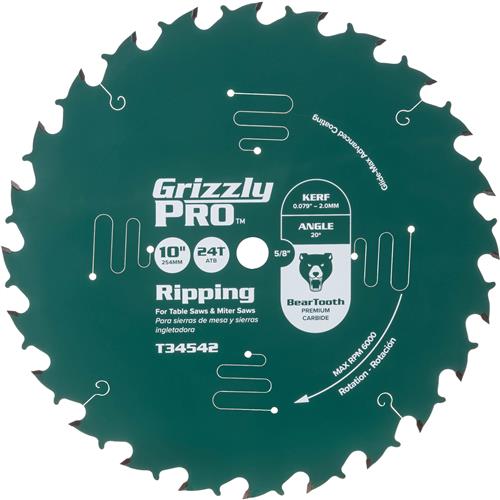 Image for Grizzly PRO T34542 - 10" x 5/8" 24T ATB Thin Kerf Ripping Saw Blade